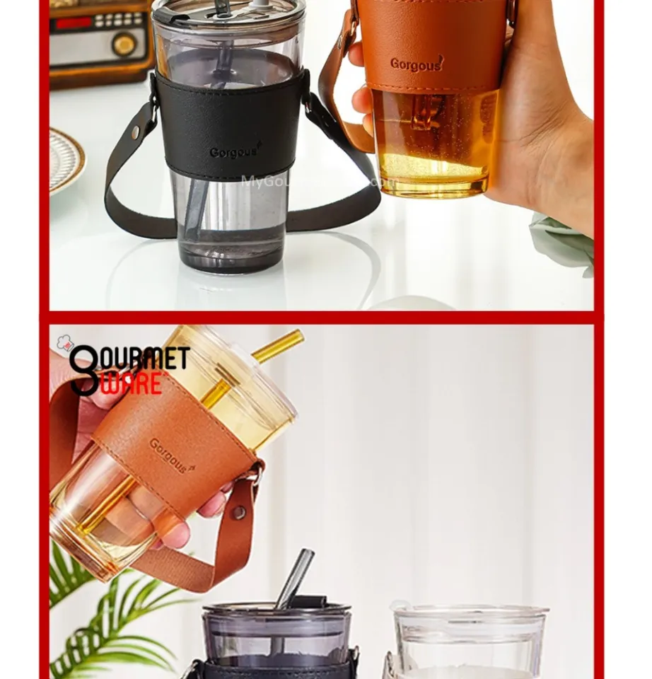 SG Stock] TikTok Glass Mug, Coffee Cup, Bubble Tea Milk Tea Tumbler with  Straw, Travel Mug with Leather