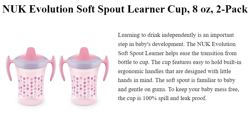 Nuk Evolution Soft Spout Learner Cup, 8 oz, 2-Pack