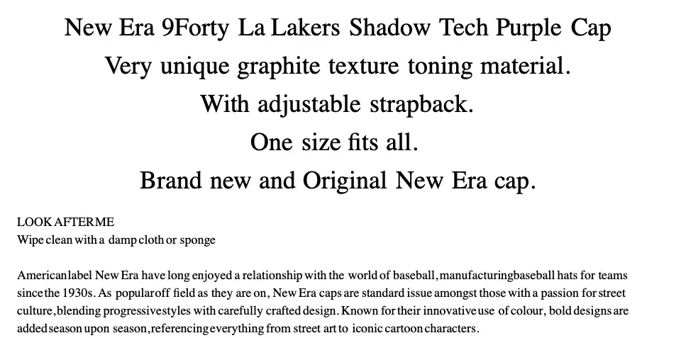 New Era - LA Lakers Shadow Tech Purple 9Forty Cap