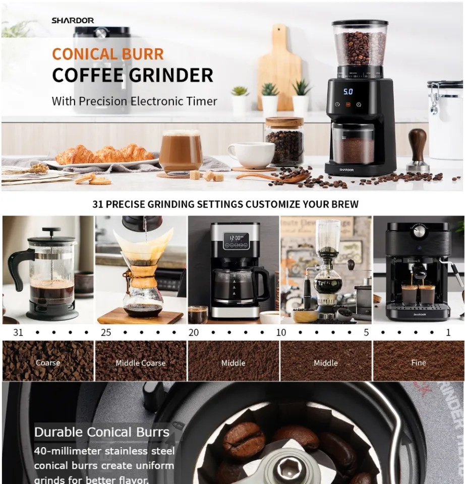 shardor coffee grinder with precision electronic timer