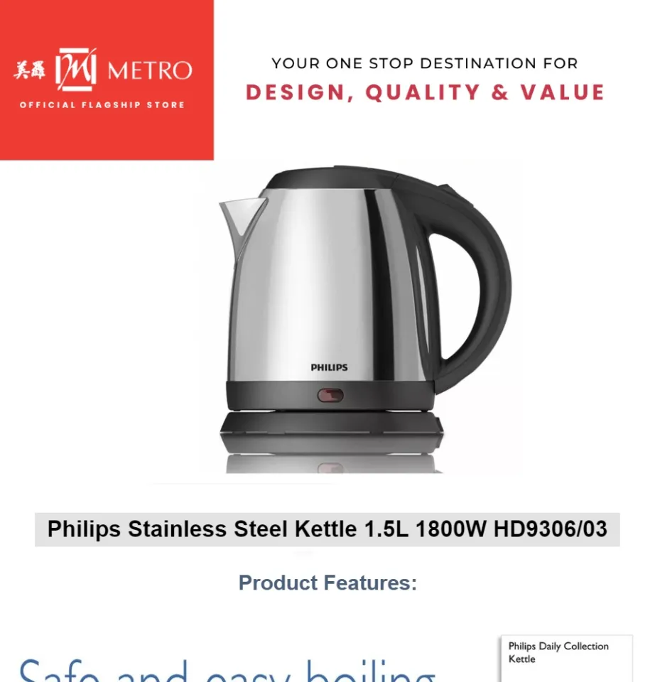 Philips Daily Collection HD9306/06 Electric Kettle 1.5 L 1800 W Metallic, Silver