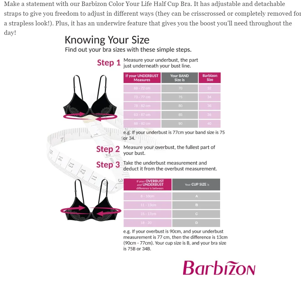 Barbizon Color Your Life Padded Underwire Half Cup Bra w/ Removable Straps  Women Underwear