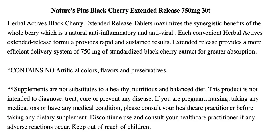 Nature's Plus Black Cherry Extended Release 750mg 30t