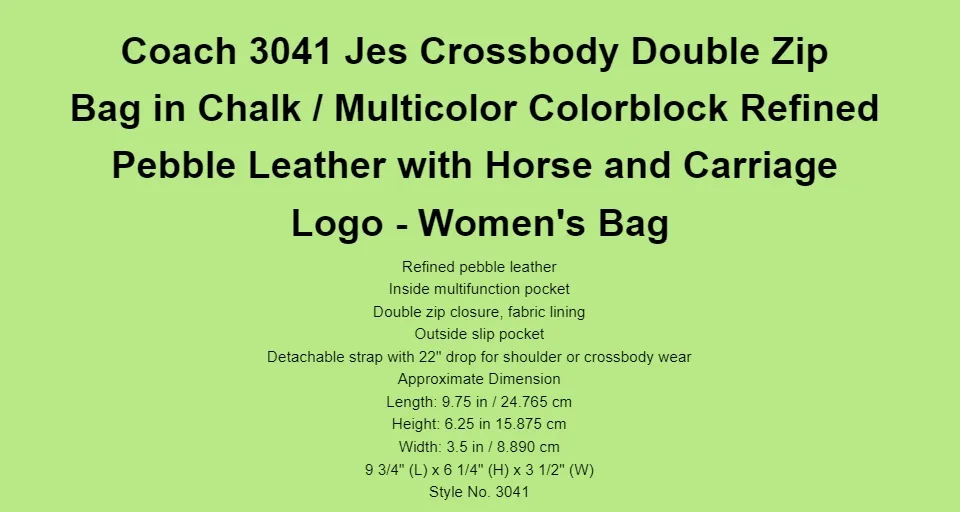 Coach Original 3041 Jes Crossbody In Colorblock In Refined Pebble Leather  Women's Crossbody Bag - Chalk