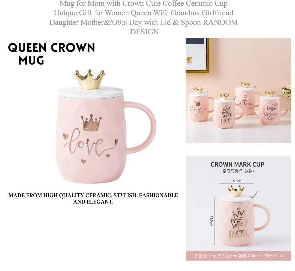 Mug for Mom with Crown Cute Coffee Ceramic Cup Unique Gift for Women Queen Wife Grandma Girlfriend Daughter Mother's Day - 15oz with Lid & Spoon