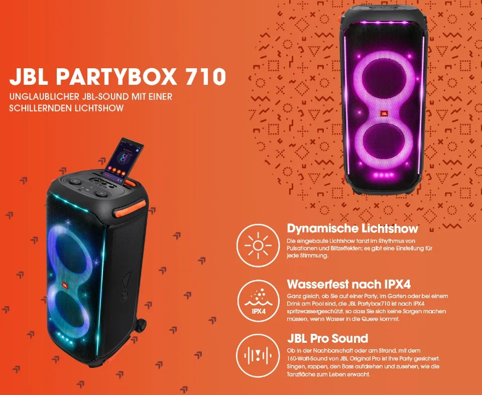 JBL PartyBox 710 - Powerful Sound, Built-in Lights, Deep Bass, IPX4 Splash  Proof, AppBluetooth, Black