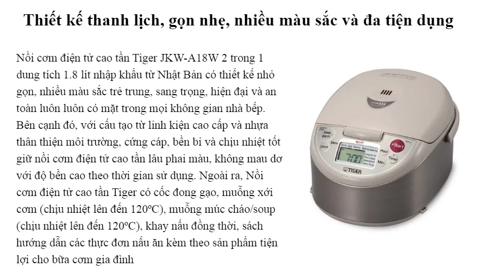 Tiger IH Rice Cooker 220v 1.8L (10 Cups) JKW-A18W - Shopping In Japan NET