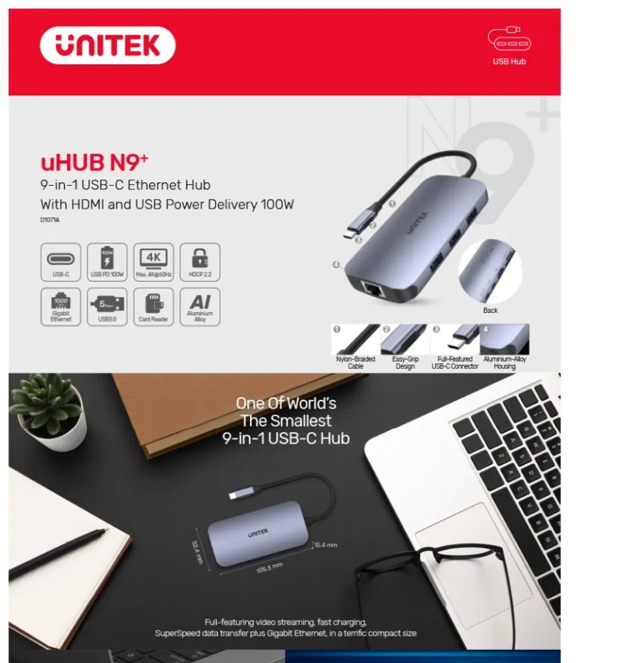 uHUB N9+ 9-in-1 USB-C Ethernet Hub with HDMI, 100W Power Delivery and Dual  Card Reader