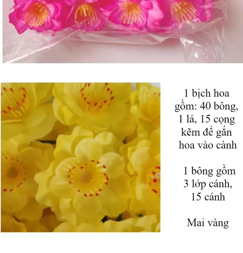 Bịch Hoa mai giả màu vàng, đào giả màu hồng bằng vải, bịch 40 bông+15 kẽm+1  lá, chất lượng cao, trang trí Tết như hoa thật | Lazada.vn