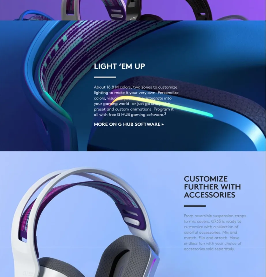  Logitech G733 K/DA Lightspeed Wireless Gaming Headset with  Suspension Headband, ~16.8 M. Color LIGHTSYNC RGB, Blue VO!CE Mic  Technology and PRO-G Audio Drivers - Official League of Legends KDA Gear 