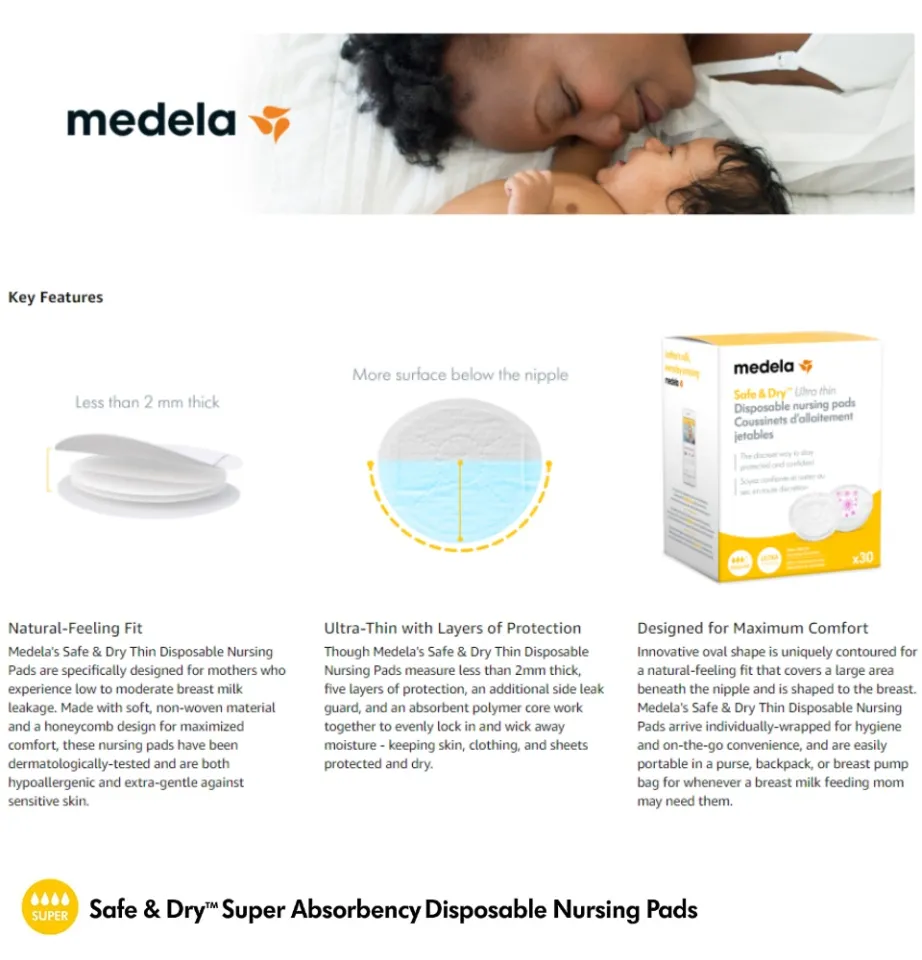 Medela Safe & Dry Ultra Thin Disposable Nursing Pads, 30 Count