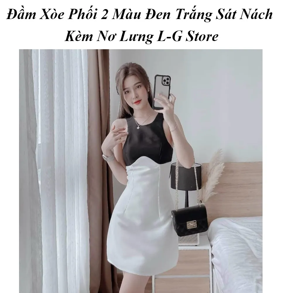 Đầm Mới] Đầm Xòe Phối 2 Màu Đen Trắng Sát Nách Kèm Nơ Lưng L-G Store