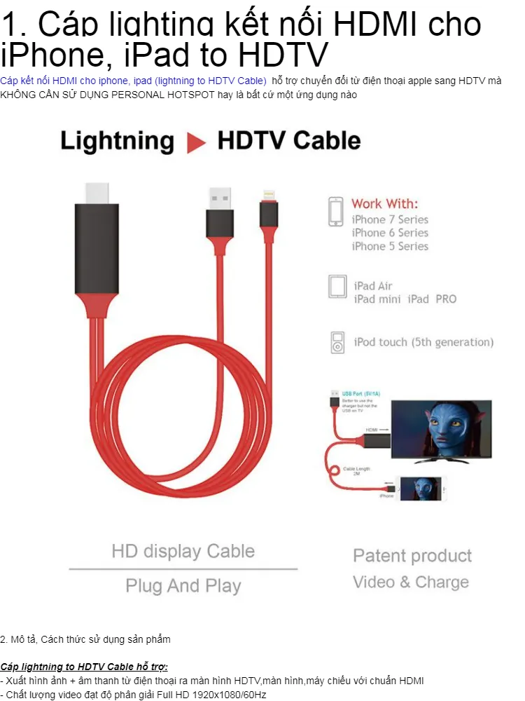 Dây kết nối Cao cấp giữa Tivi (cổng HDMI) với Iphone, Ipad (cổng Lightning)  (iPhone 5