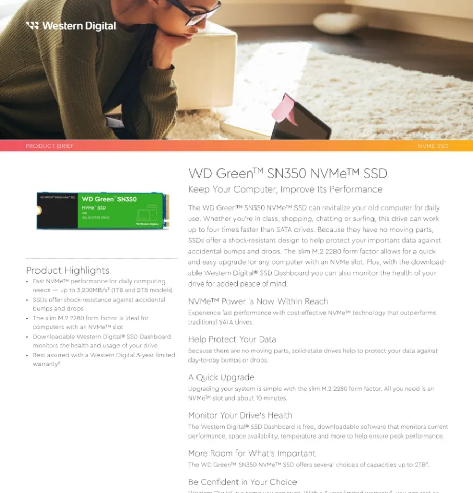 WD Green SN350 NVMe SSD WDS100T3G0C - SSD - 1 To - PCIe 3.0 x4 (NVMe)