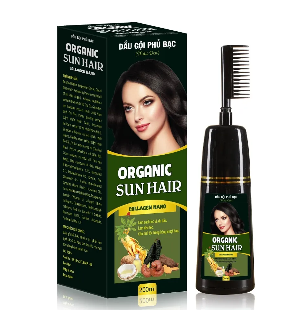 Dầu Gội Phủ Bạc (màu đen) Sun Hair Collagen Nano ORGANIC - Ngăn chặn tóc  bạc sớm,