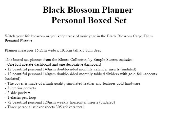 Carpe Diem Personal Planner - Black Blossom