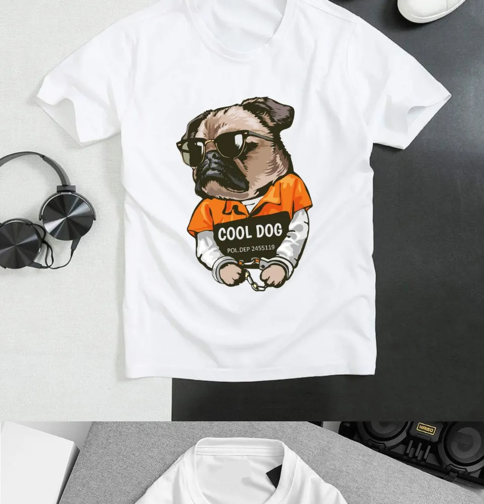 Áo thun phông tay lở ngắn cổ tròn trắng form rộng in hình Chó COOL DOG