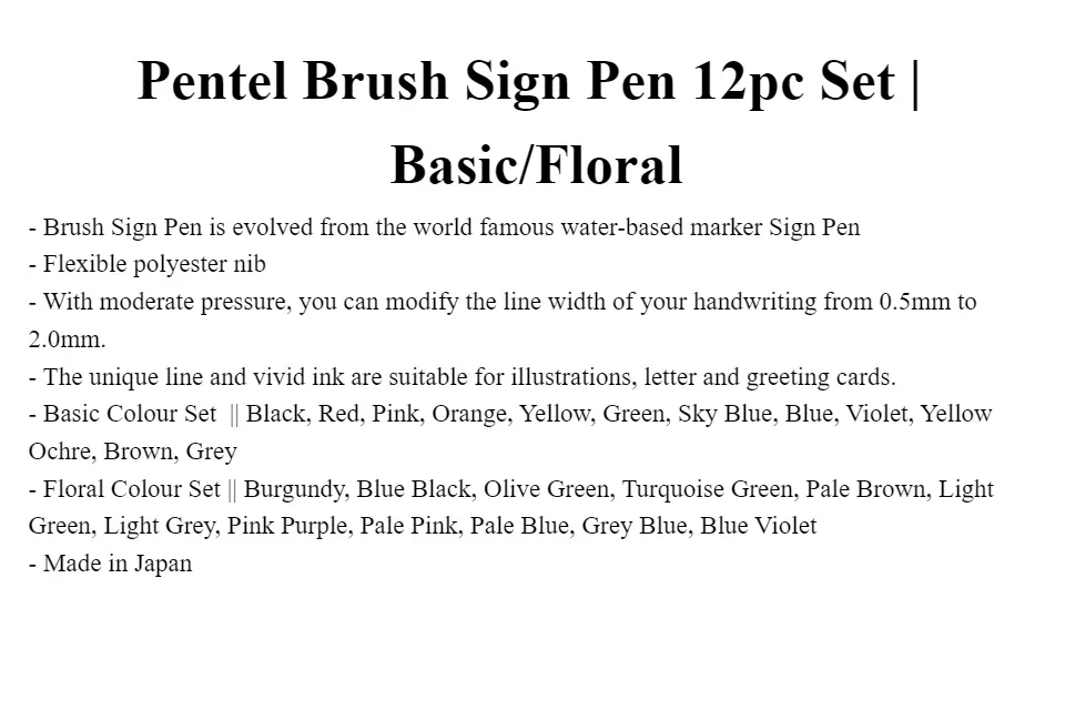 Pentel Brush Sign Pen 12pc Set Arts Craft Lettering Pens Basic/floral  Colour Sets 