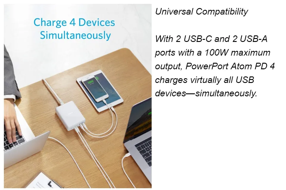 محطة شحن Anker-4-Port Type-C، توصيل الطاقة، PowerPort Atom، PD 4 لهاتف iPhone MacBook Pro، 100 وات