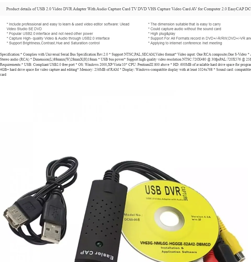 USB 2.0 Video DVR With Audio Capture Card TV DVD VHS Capture Card AV for Computer 2.0 EasyCAP DC60 UTV007 | Lazada PH