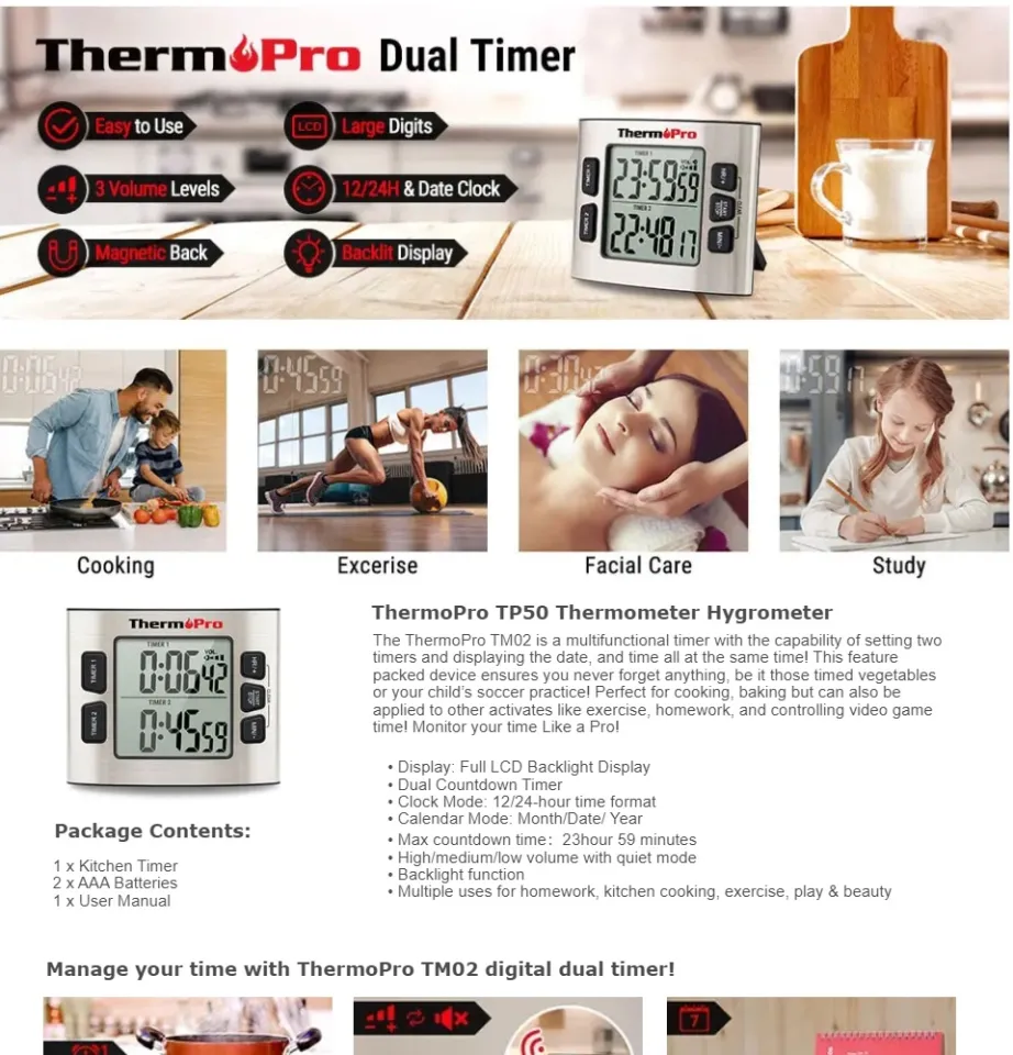 ThermoPro TM02 Digital Kitchen Timer with Dual Countdown Stop Watches  Timer/Magnetic Timer Clock with Adjustable Loud Alarm and Backlight LCD Big