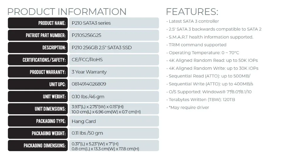 Patriot P210 SSD 256GB SATA 3 Internal Solid State Drive 2.5