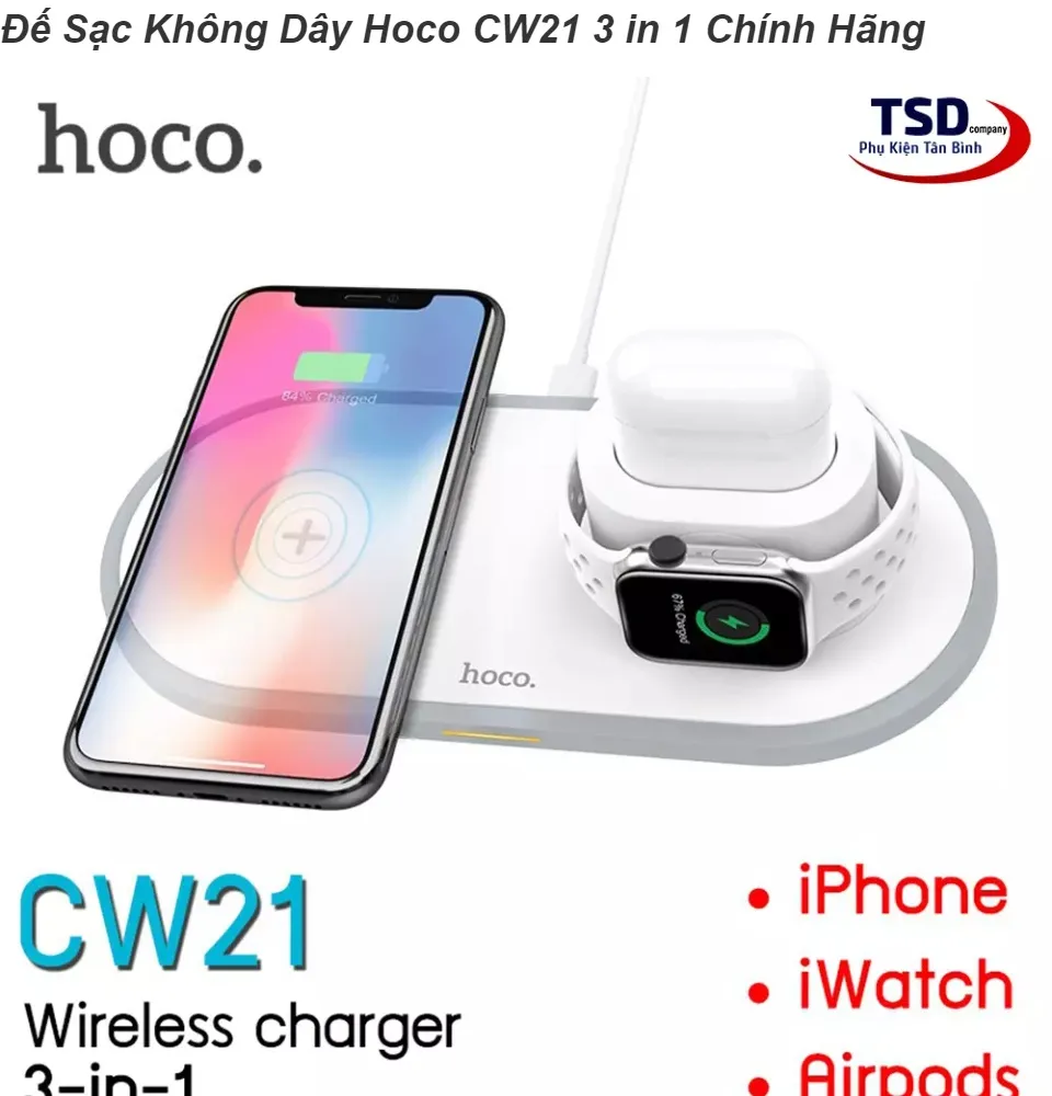 Đế Sạc Không Dây Hoco CW21 3 in 1 Sạc Cùng Lúc iPhone, Appe Watch, Airpod |  