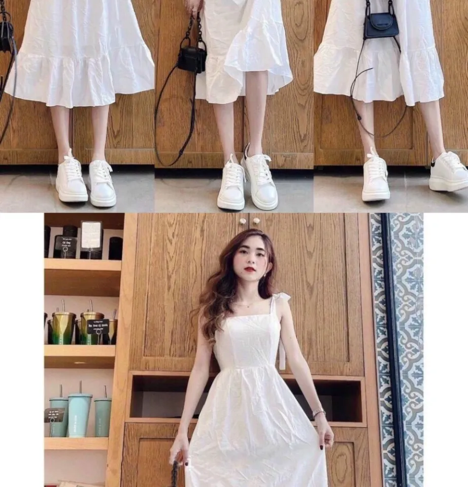 Đầm váy babydoll 2 dây dáng dài tiểu thư Váy trắng nữ đi biển hai dây có  lót ngực ulzzang kiểu hàn - MixASale