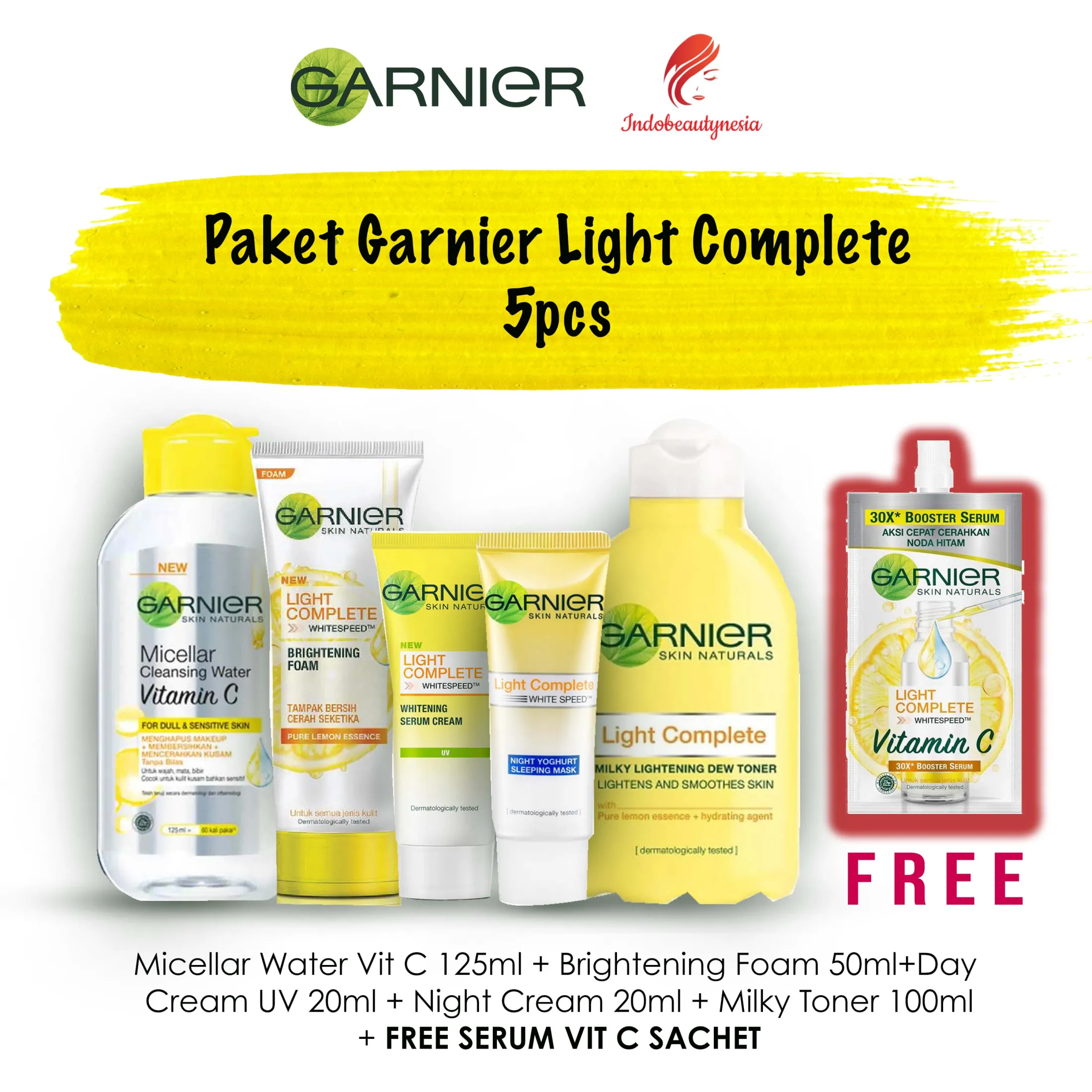 Paket Garnier Light Complete Vitamin C 5pcs Free Serum Sachet Micellar Water Vitamin C 125ml Brightening Foam 50ml Milky Toner Day Cream Uv Night Cream ml