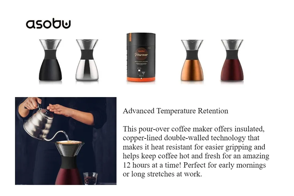 Asobu Copper Insulated Pour Over Coffee Maker 32 Oz. Double-wall