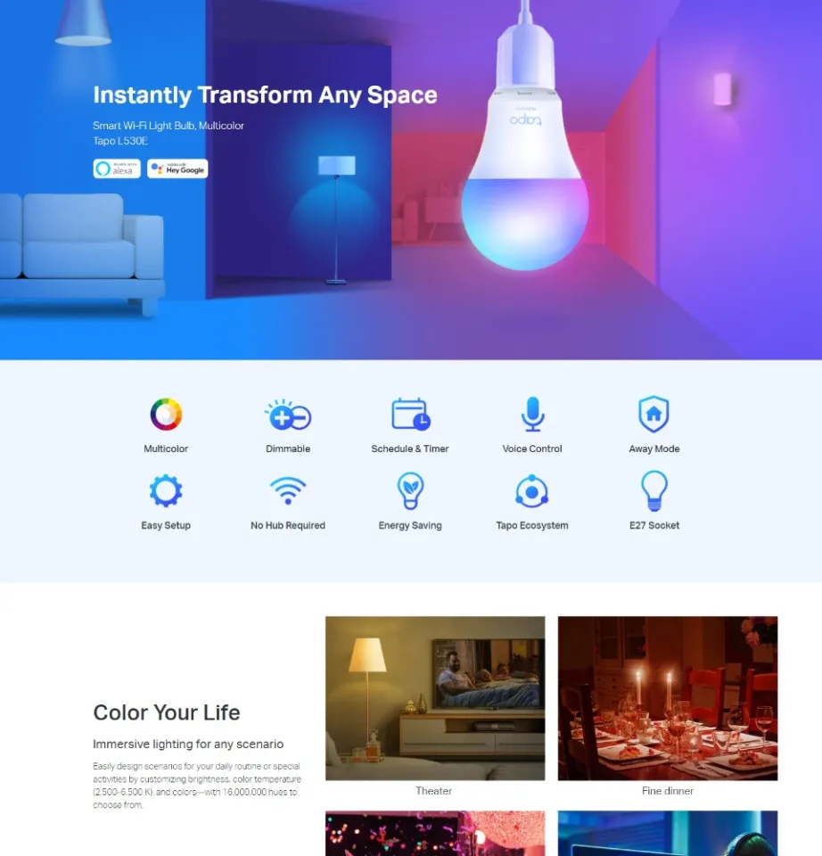 Tp-Link Tapo L530E Smart Wi-Fi Light Bulb, Multicolor, 2.4 GHz, E27 Base,  220–240 V at 50/60 Hz, 8.7 W, 2,500 K – 6,500 K