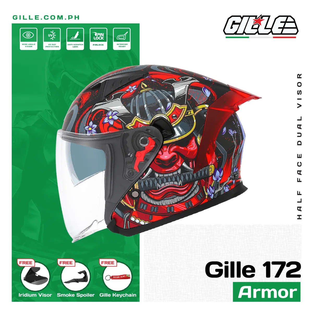 Gille 172 GVR V1 Armor Half Face Motorcycle Helmet with Free Iridium