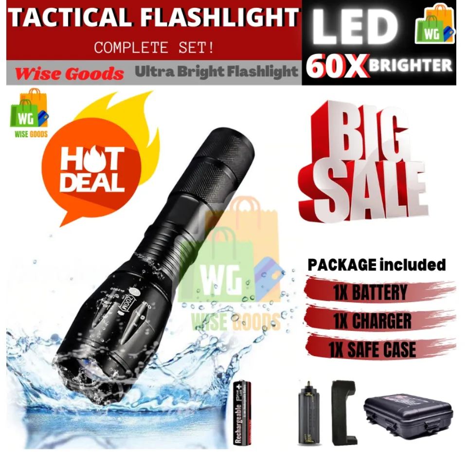 New Wise Goods High Powered Tactical Flashlight Complete SET 60x Brighter  LED Flashlight Water Resistant Rechargeable Flashlight Torch Lamps Powerful  Outdoor Hunting Lighting Telescopic Military Grade Lazada PH