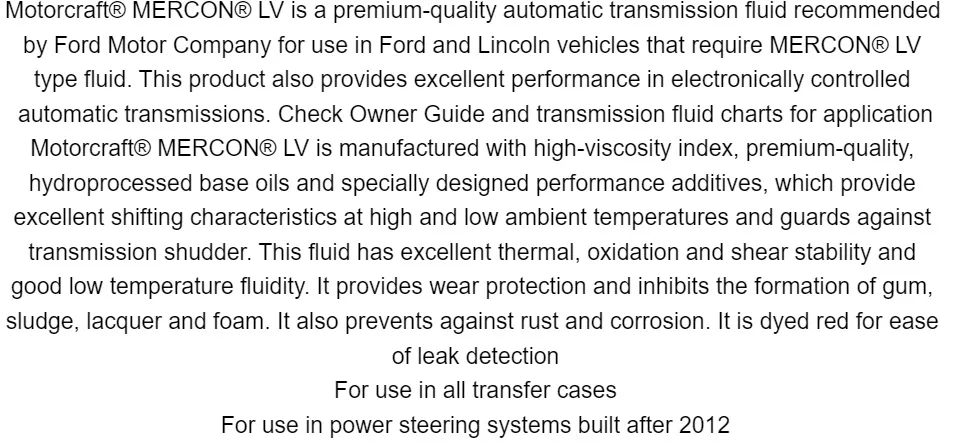 Motorcraft Mercon LV Automatic Transmission Fluid 1 Quart - Evinco