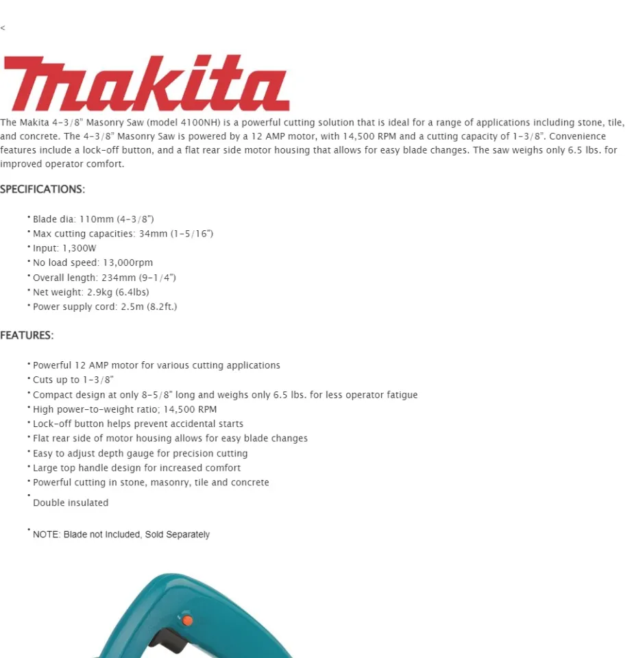 Makita 4100NH Concrete Cutter 4-3/8” 1,300W with Rubber Palm hand protector  [GIGATOOLS] Lazada PH