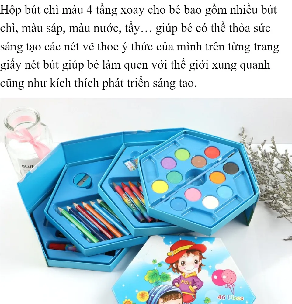 Hộp Bút Chì Màu 4 Tầng Xoay 46 Chi Tiết Cho Bé Tập Tô, Hộp Màu