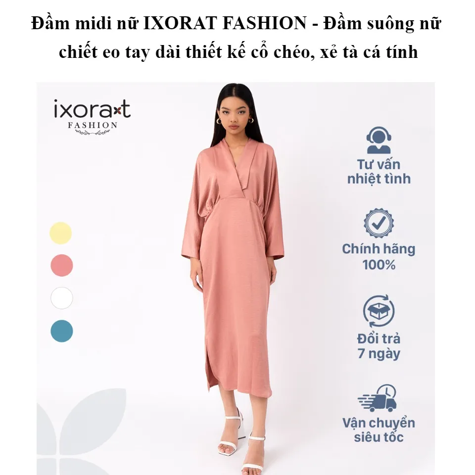 Đầm midi nữ IXORAT FASHION - Đầm suông nữ chiết eo tay dài thiết ...