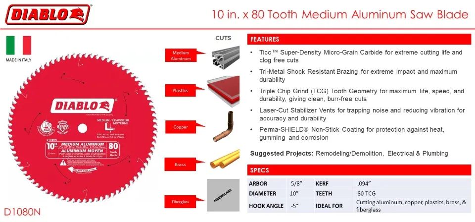 Freud Diablo 10-inch 80-tooth Medium Aluminum, Non-Ferrous Metal  Plastic Cutting  Saw Blade D1080N Lazada PH
