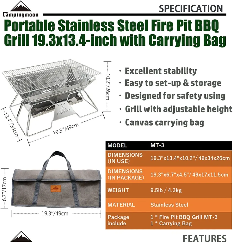 CAMPING MOON Portable Folding Stainless Steel Camp Stove BBQ Grill  7.48-inch, Cooks for 1-2 People, with Carrying Bag X-Mini - campingmoon