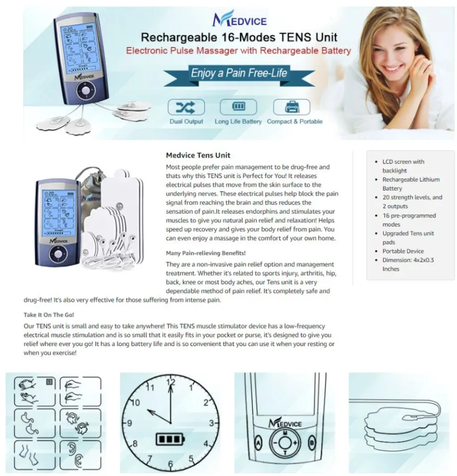  MEDVICE Rechargeable Tens Unit Muscle Stimulator, 2nd Gen 16  Modes & 8 Upgraded Pads for Natural Pain Relief & Management, FDA Cleared  Electric Pulse Impulse Mini Massager Machine : Health & Household