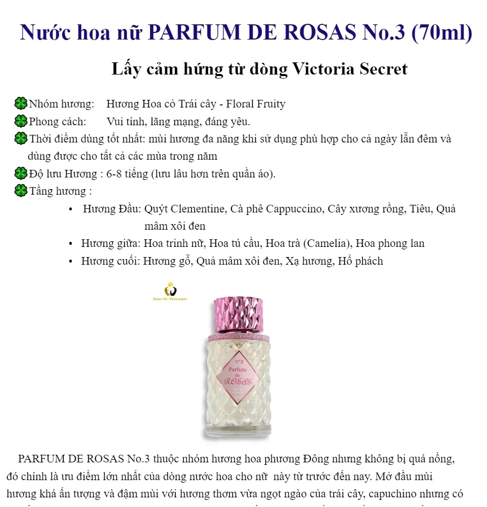 Nước hoa nữ PARFUM DE ROSAS  70ml - Sang trọng, gợi cảm 