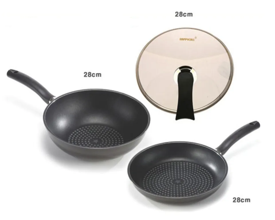 Happycall Diamond Pan Set, 3 Pcs (28cm Frying Pan + 28cm Wok Pan + 28cm  Glass Lid) Not Induction Ready