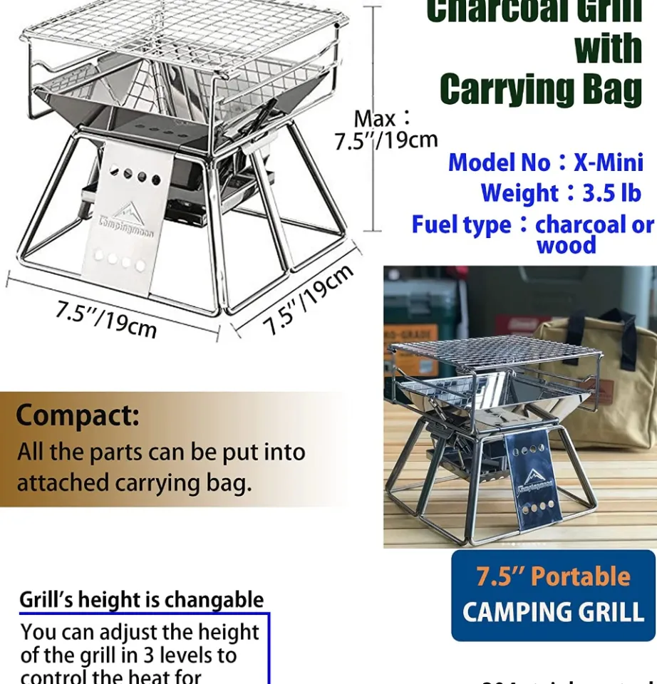 CAMPING MOON Portable Folding Stainless Steel Camp Stove BBQ Grill  7.48-inch, Cooks for 1-2 People, with Carrying Bag X-Mini - campingmoon