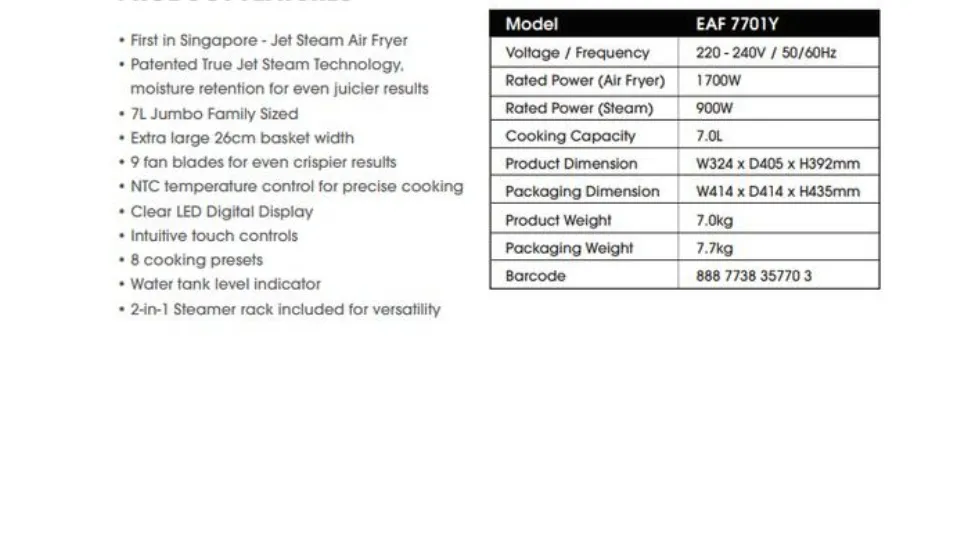 EUROPACE AIR FRYER EAF7701Y