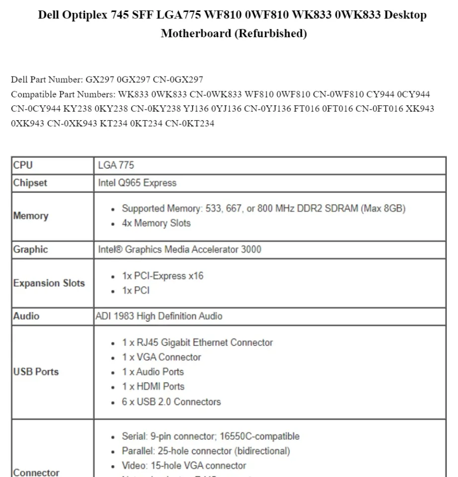 Dell Optiplex 745 SFF LGA775 WF810 0WF810 WK833 0WK833 Desktop