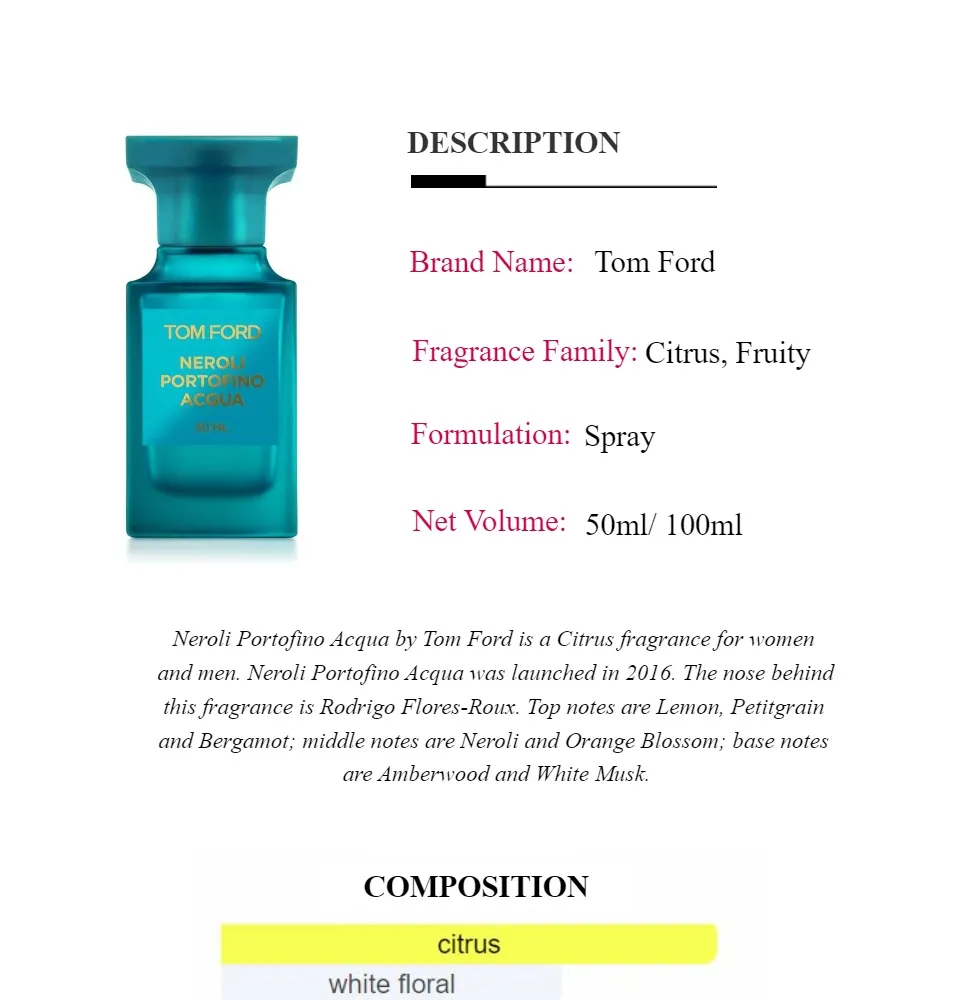 Authentic Tom Ford Neroli Portofino Acqua Eau De Toilette for Women and  Men/ Girl/ Gift/ Collection/ Tom Ford_ Perfume | Lazada