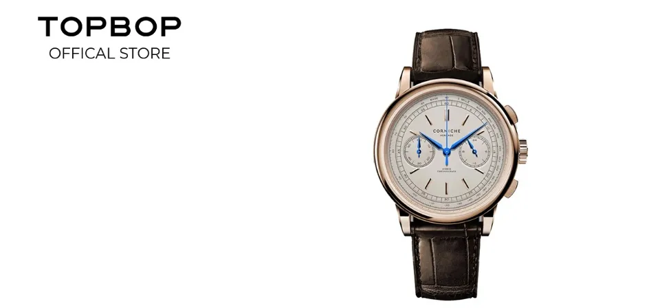 TRẢ GÓP 0%] Đồng hồ nam Corniche Heritage Chronograph - Máy Seiko VK64  Hybrid, màu rose gold, dây da nâu cổ điển 