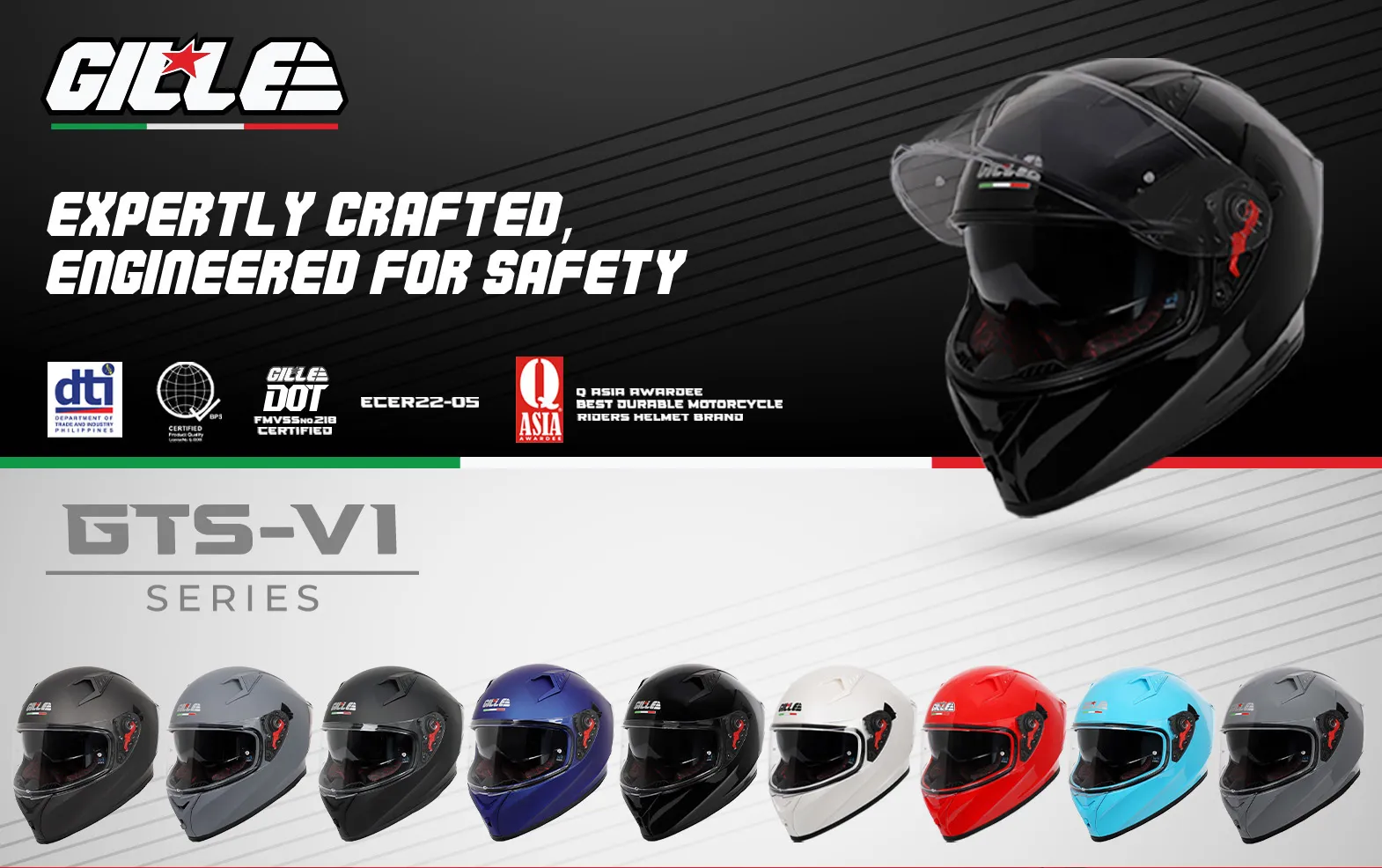 Gille Gts Series V Solid Full Face Dual Visor Motorcycle Rider Plain Helmet With Free