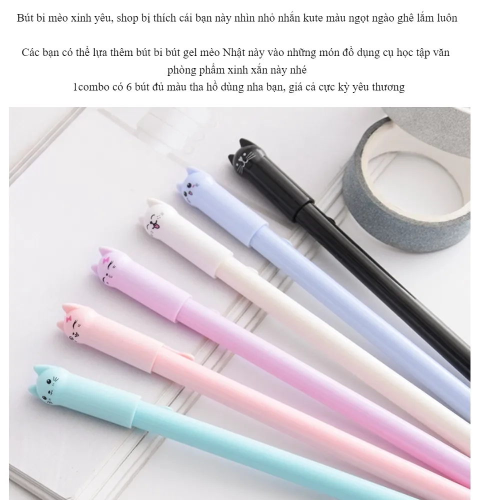 Combo 6 bút bi mèo Nhật xinh yêu cute dễ thương màu pastel - A76 ...