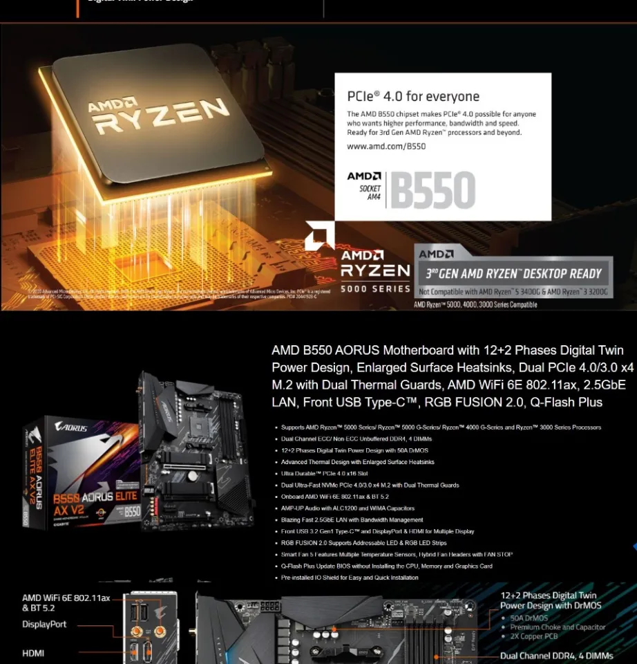 Gigabyte B550 AORUS ELITE V2 AMD Ryzen 5000 ATX Motherboard  with WiFi 6, 2.5GbE LAN, 12+2 Digital VRM, and PCIe 4.0 : Electronics